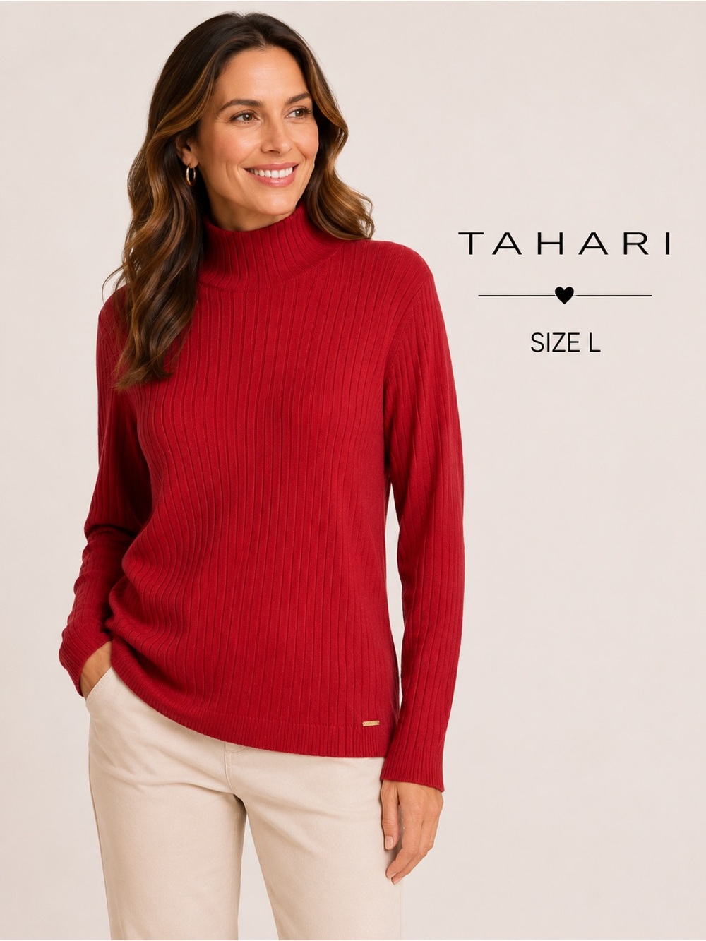 TAHARI Red Ribbed Mock Neck Sweater Size L Long Sleeve Knit Top